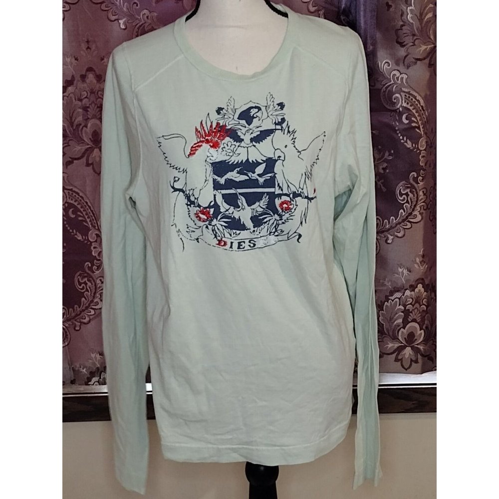 Diesel Long Sleeve Tee in Light Mint with Navy and Red Graphic